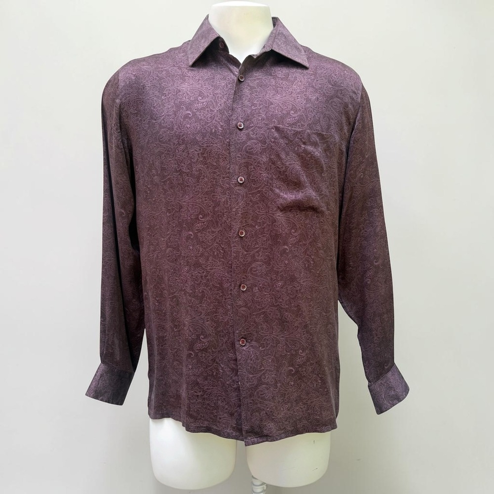 Park Avenue Silk Button Up Dress Shirt 40‎ Medium Purple Paisley Satin Academia